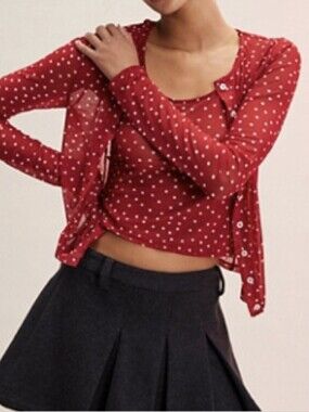 NWT Free People Twosie for One Cardigan Med Red White Polka Dot Stars Semi Sheer